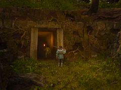 På bilden - en skärmdump från trailern för Swordhaven: Iron Conspiracy, som visar huvudpersonen som håller ett svärd framför en gruvgång. (Bildkälla: Steam)