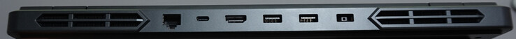 Portar på baksidan: LAN-port (1 Gbit/s, USB-C (10 Gbit/s, DP, 140 W laddning), HDMI 2.1, 2x USB-A (5 Gbit/s), strömport