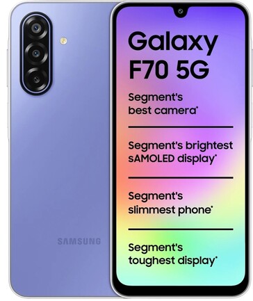 Samsung Galaxy F70 5G i lila, visad framifrån och bakifrån