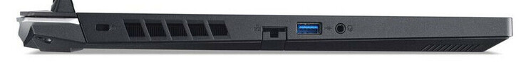 Till vänster: port för kabellås, Gigabit Ethernet, USB 3.2 Gen 1 (USB-A), kombinerat ljuduttag