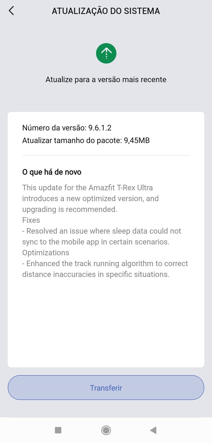 Releaseanteckningarna för firmwareversion 9.6.1.2 för Amazfit T-Rex Ultra. (Bildkälla: José Manuel Santos via Facebook)