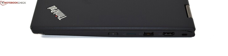 Höger: Digitizer-penna, microSD-kortläsare, USB 3.0 Typ A, HDMI, Kensington-lås