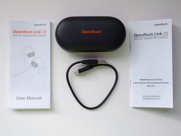 Innehåll - OpenRock Link 20 hörlurar i laddningsfodral, USB-C-laddningskabel och dokumentation. (Bildkälla: Notebookcheck)