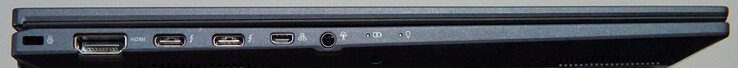 Portar till vänster: Kensingtonlås, HDMI, 2x Thunderbolt 4, mini gigabit LAN, headset