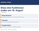 Bild som visar de tre Copilot-funktionerna Deep Research, Podcasts och gruppchattar, som upphör den 18 augusti 2026