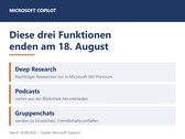Bild som visar de tre Copilot-funktionerna Deep Research, Podcasts och gruppchattar, som upphör den 18 augusti 2026