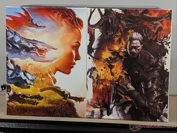 Horizon Zero Dawn (av Ilya Golitsyn) och Witcher 3 (av Grzegorz Domaradzki) konstverk på duk.