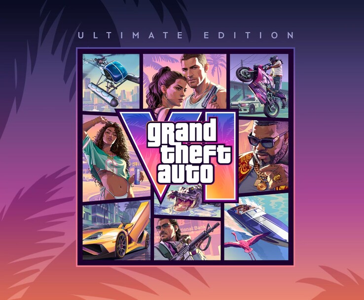 Illustration för Grand Theft Auto VI Ultimate Edition med GTA 6-karaktärer, fordon och spelets logotyp.