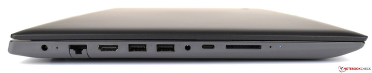 left: power supply, Gigabit-Ethernet, HDMI, 2x USB 3.1 Gen 1 (Type-A), combined audio jack, USB 3.1 Gen 1 (Type-C), memory card reader (SD), Novo key, status LED