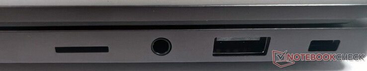 Höger: 1x microSD, 1x kombinerat ljud/mikrofon (3,5 mm), 1x USB 3.2 Gen1 Typ-A, 1x Kensington