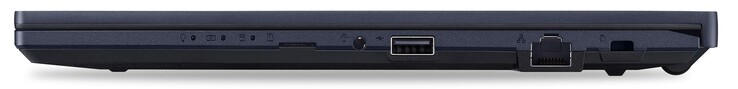 Höger sida: microSD-kortläsare, kombinerat ljuduttag, 1x USB-A 2.0, GigabitLAN, Kensington-lås