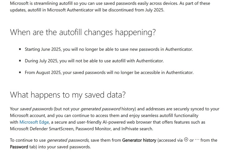 Skärmdump av ändringar i Microsoft Authenticators lösenordslagring. (Bildkälla: Microsoft)