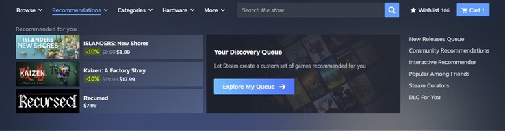 Det nya rekommendationsområdet baseras på faktorer som speltid, tidigare köp och rekommendationer från vänner. (Bildkälla: Steam)