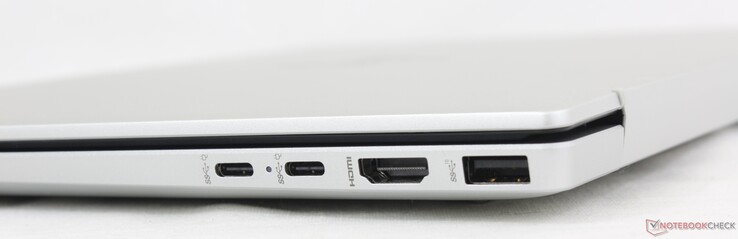 Höger: 2x USB-C (10 Gbps) med DisplayPort + Power Delivery, HDMI 2.1, USB-A (10 Gbps)