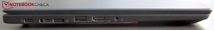 Vänster sida: USB 3.0 Typ C, USB 3.0 Typ C/propretiär Ethernet-port, HDMI, 3.5 mm ljudanslutning