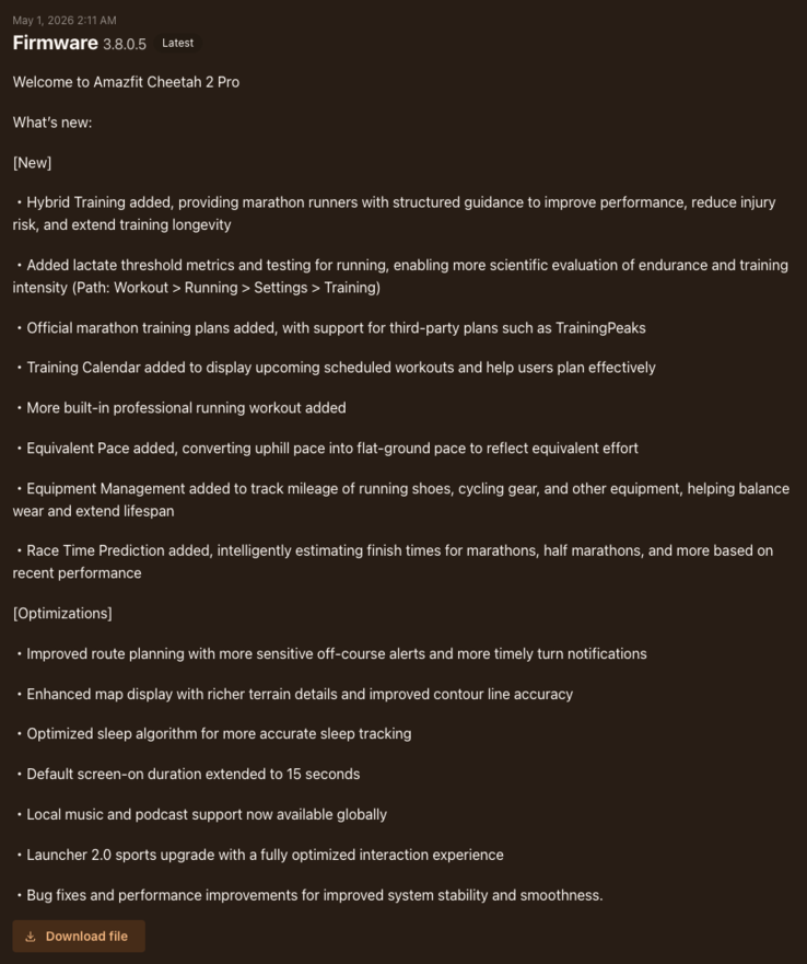 Ändringsloggen för firmwareversion 3.8.0.5 för Amazfit Cheetah 2 Pro smartwatch
