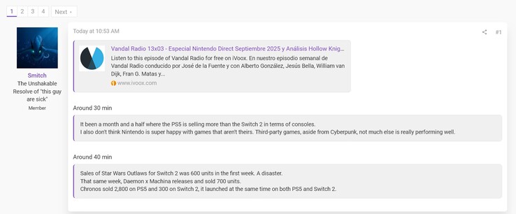Switch 2 och PS5 konsolförsäljning i Spanien från Vandal podcast (Bildkälla: skärmdump, Smitch@ResetEra forum)