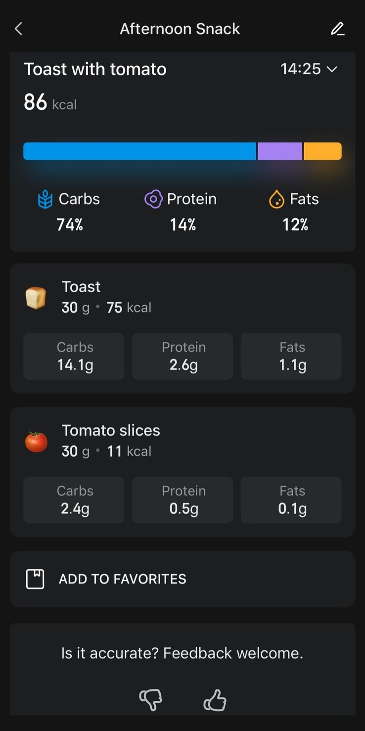 En skärmdump av den uppdaterade Food Log-funktionen i Zepp App. (Bildkälla: Zepp App)