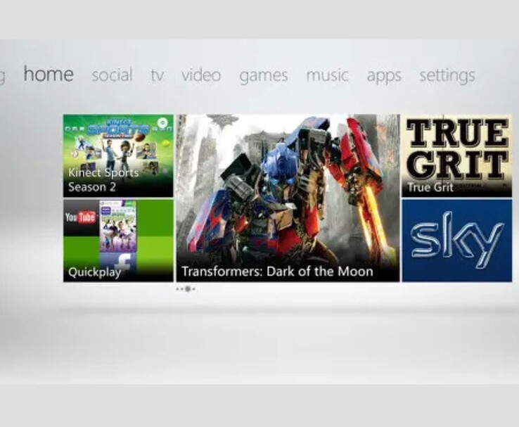 En skärmdump av Xbox 360-instrumentpanelen som visar Metro UI-layouten, med framträdande annonsplattor för Transformers: Dark of the Moon, True Grit och Sky. Andra plattor belyser Kinect Sports Season 2 och YouTube/Facebook Quickplay-appar. (Bildkälla: Microsoft (Xbox 360 UI skärmdump via marknadsföringsmedia)