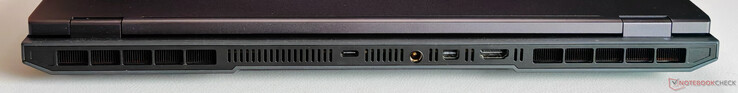 På baksidan: USB-C 3.2 Gen.2 (10 Gbit/s, DisplayPort ALT-läge 1.4 via dGPU, 140W Power Delivery), strömkontakt, Mini-DisplayPort 2.1, HDMI 2.1