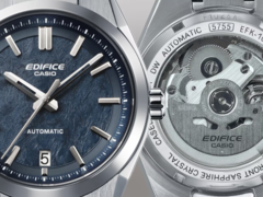På bilden - Casio EFK-100D-2A med en blå texturerad urtavla och en genomskinlig baksida för att visa det mekaniska urverket. (Bildkälla: Casio)