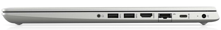 Höger sida: 3.5 mm ljudanslutning, 2x USB 3.1 Gen1 Typ A, HDMI, Gigabit LAN, 1x USB 3.1 Gen1 Typ C, ström-LED, propretiär strömanslutning