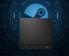 Valve Steam Machine ses framför Steam-logotypen