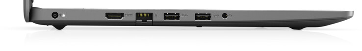 Till vänster: AC-adapter, HDMI, Gigabit Ethernet, 2x USB 3.2 gen 1 (typ-A), kombinerad ljudport