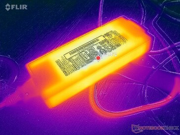 AC-adaptern kan nå över 63 C vid krävande belastning, t.ex. spel