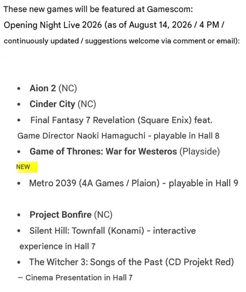 Program för Gamescom 2026 med spelbar demo av Final Fantasy 7 Revelation