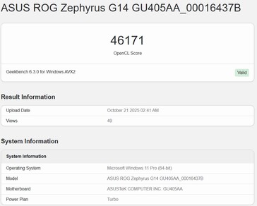 Intel Panther Lake iGPU OpenCL-poäng på Geekbench (sämsta poäng). (Bildkälla: Geekbench)