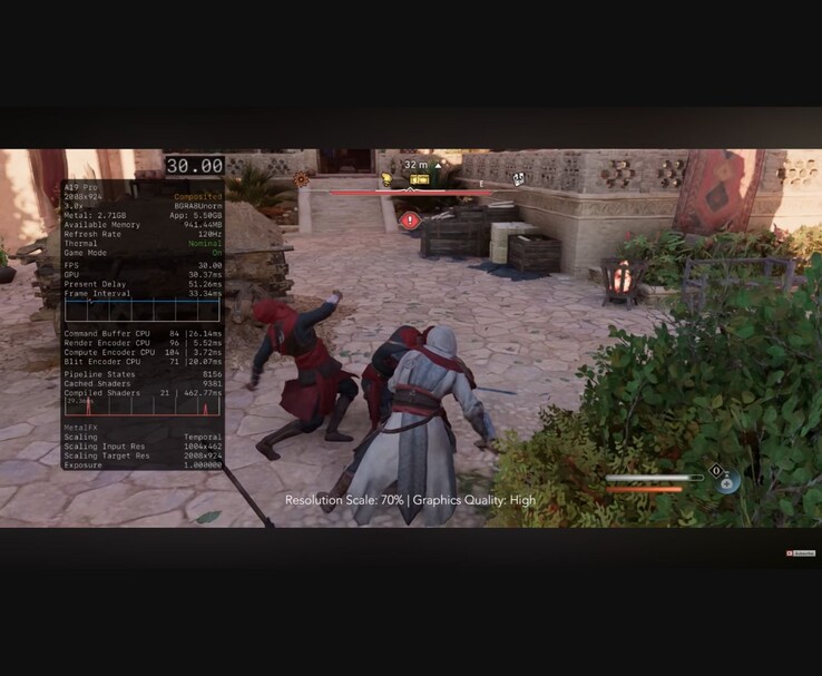 Assassin's Creed Mirage gameplay körs på iPhone 17 Pro Max med A19 Pro-chip, visar 30 FPS cap, hög grafikförinställning och MetalFX temporal uppskalning. (MrMacRight via YouTube)