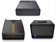 Seagate One Touch (överst), FireCuda X Vault (vänster) och LaCie 8big Pro5 (höger).