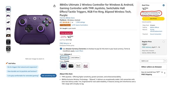 Affären med 8BitDo Ultimate 2 Wireless Controller är exklusiv för Amazon Prime-medlemmar. (Bildkälla: Amazon)