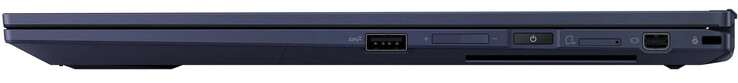 Höger sida: USB 3.2 Gen 2 (Typ-A), volymvippa, strömknapp/fingeravtrycksläsare, SIM-kortplats, Mini DisplayPort, kabelspärrplats, smartcardläsare (nedre kanten)