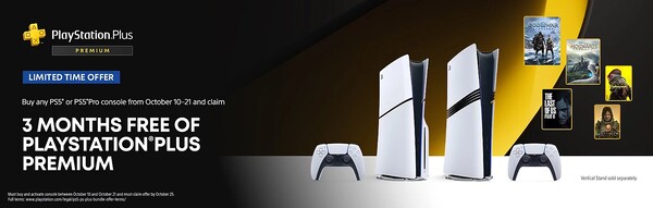 Köpare som köper och aktiverar en PS5 Pro eller PS5 mellan nu och den 21 oktober får 3 månaders PlayStation Plus Premium. (Bildkälla: PlayStation)