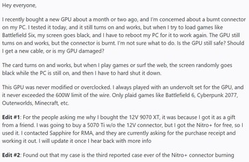 Sapphire Nitro RX 9070 XT 12VHPWR-kontaktfel. (Bildkälla: r/pcmasterrace på Reddit)