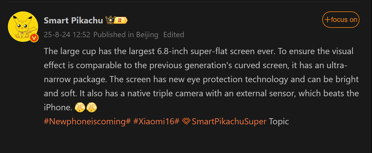Smart Pikachus rapport om Xiaomi 16 Pro (Bildkälla: Weibo - maskinöversatt)