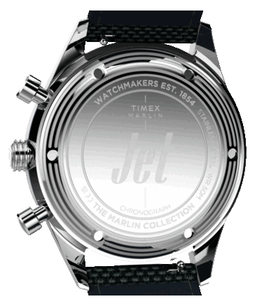 Vy bakifrån av Timex Marlin Jet Chronograph som visar dess boettlock i rostfritt stål