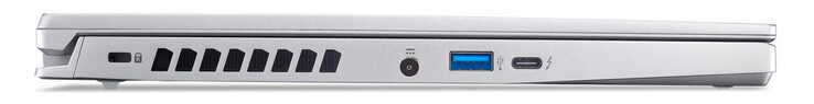 Vänster sida: Plats för kabellås, strömkontakt, USB 3.2 Gen 2 (USB-A), Thunderbolt 4 (USB-C; Power Delivery, Displayport)