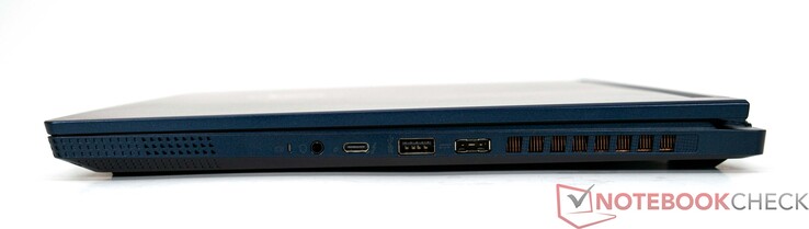 Höger sida: kombinerat 3,5 mm ljuduttag, Thunderbold 4 (Typ-C, Power Delivery), USB 3.2 Gen 2 Typ-A, strömkontakt