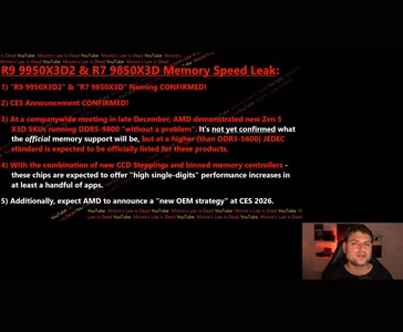 Bild från Moore's Law Is Dead-videon som sammanfattar läckor kring AMD Zen 5 X3D-processorer, inklusive rapporterade DDR5-9800-minnestester och CES 2026-planer (Bildkälla: Moore's Law Is Dead / YouTube)