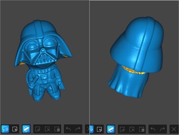 Parallell linje blå laserskannad 3D-modell av mestadels svart Darth Vader-figur