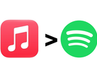 Apple Music-logotypen, en "större än"-symbol och Spotify-logotypen.