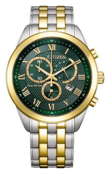 Citizen AT2604-56X Eco-Drive-kronograf med en smaragdgrön, strukturerad urtavla, guldfärgad bezel och romerska siffror samt ett tvåfärgat armband i rostfritt stål.