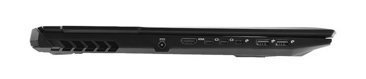 Vänster: AC-adapter, HDMI 2.0, 2x mini DisplayPort 1.3, Thunderbolt 3, 2x USB 3.1