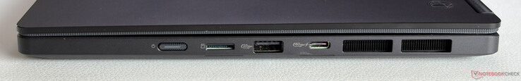 Rätt: Strömknapp, microSD-kortläsare, USB-A 3.2 Gen.2 (10 Gbps), USB-C 4.0 (40 Gbps, DisplayPort, strömförsörjning)