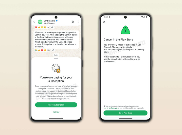 Skärmdumpar från WABetaInfo visar ett abonnemangspris på €4 per månad (Bildkälla: WABetaInfo)