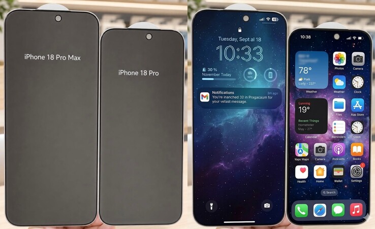 De läckta skärmskydden för iPhone 18 Pro-serien (vänster) ser högre ut än deras motsvarigheter i iPhone 17 Pro-serien. Läckan/ryktet om ett högre bildskärmsformat har ännu inte bekräftats av andra källor.