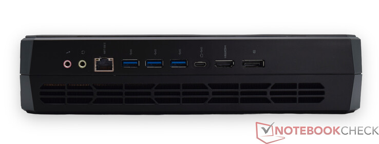 Baksida: Mikrofon-ingång, linjeutgång, RJ45 2,5G, 3x USB 3.2 Gen2 typ-A, USB 3.2 Gen2 typ-C-port (Alt Data och DP), HDMI 2.1, DisplayPort 2.0